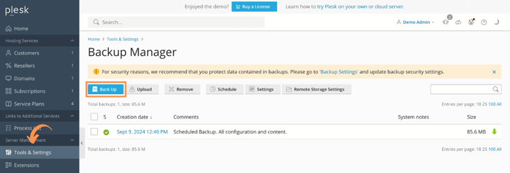 Plesk backup settings screenshot Plesk backup settings screenshot