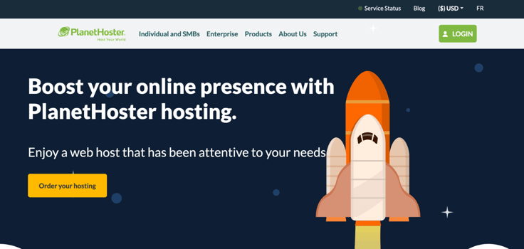 a screenshot of PlanetHoster homepage