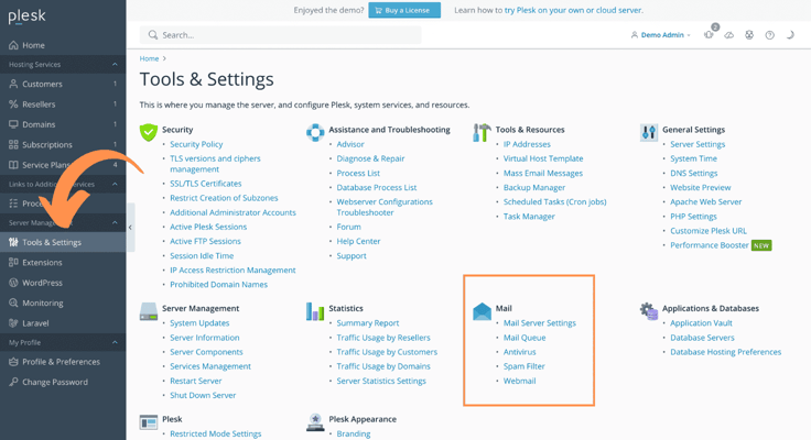 Plesk mail settings screenshot Plesk mail settings screenshot
