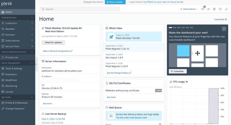 Plesk dashboard screenshot Plesk dashboard screenshot