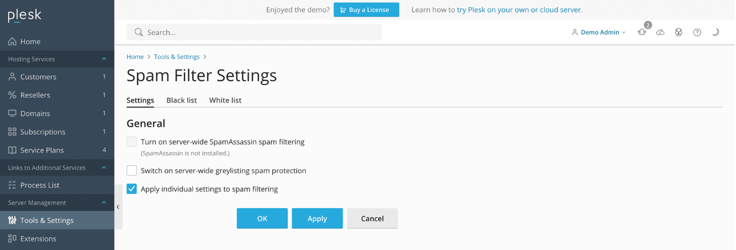 Plesk spam filter settings screenshot