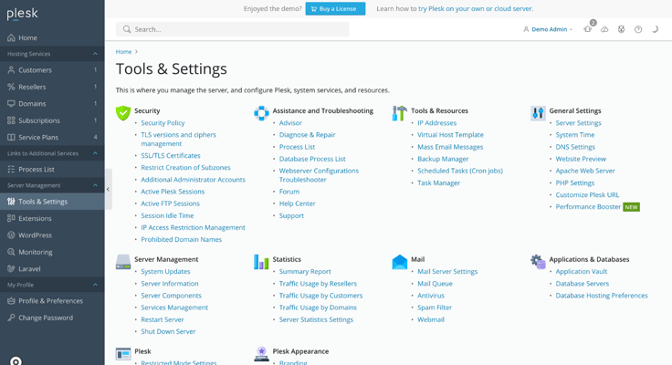 Plesk tools & settings screenshot Plesk tools & settings screenshot