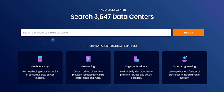 Datacenters.com homepage and search query box Datacenters.com homepage and search query box