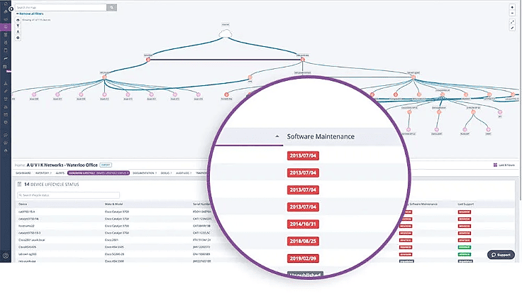 Screenshot of Auvik's hardware Lifecycle Data
