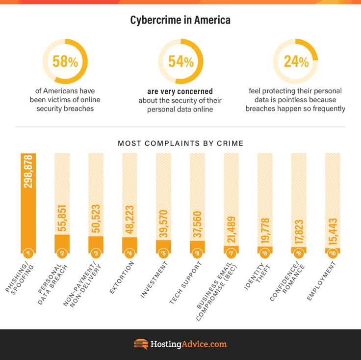 Cybercrime in America statistics infographic from HostingAdvice.com