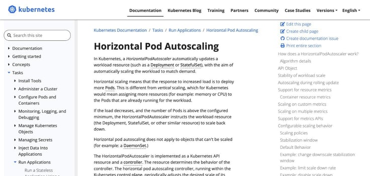 Kubernetes Horizontal Pod Autoscaler (HPA) documentation screenshot