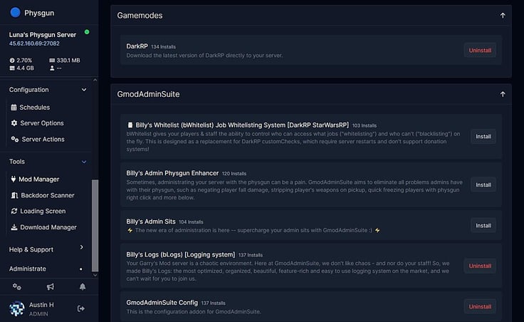 Screenshot of Physgun's Mod Manager