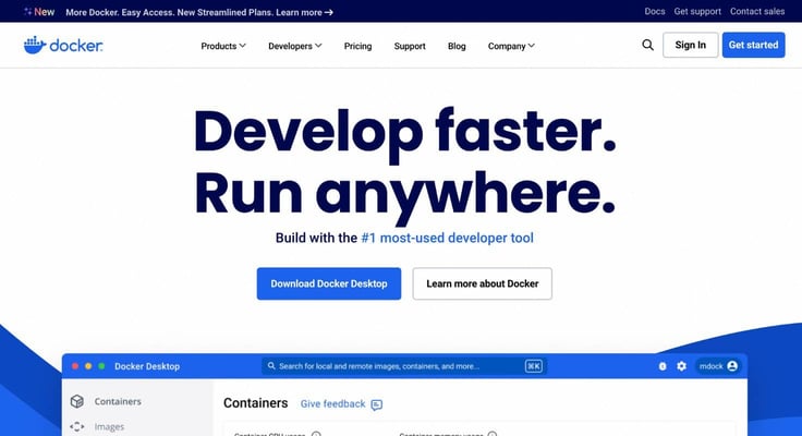 Screenshot of the Docker website showing the Download Docker Desktop and Learn more about Docker buttons. Screenshot of the Docker website showing the Download Docker Desktop and Learn more about Docker buttons.