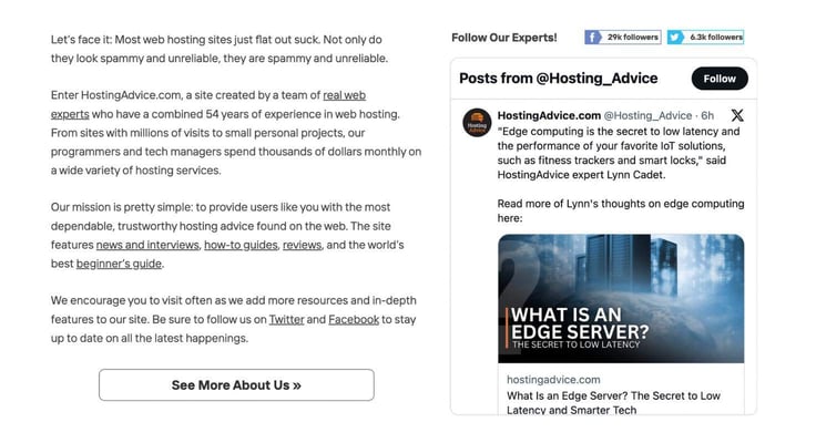 The HostingAdvice website uses an API to show recent posts from its X account. The HostingAdvice website uses an API to show recent posts from its X account.