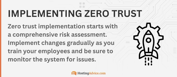 Zero trust implementation starts with a comprehensive risk assessment. Implement changes gradually as you train your employees and be sure to monitor the system for issues. Zero trust implementation starts with a comprehensive risk assessment. Implement changes gradually as you train your employees and be sure to monitor the system for issues.