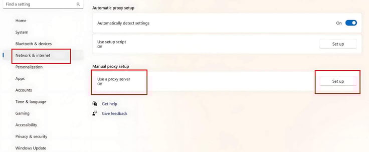 Go to Network & Internet and click on "Set up" under "Use a proxy server."