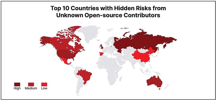 Map: Top 10 Countries with Hidden Risks from Unknown Open-Source Contributors Map: Top 10 Countries with Hidden Risks from Unknown Open-Source Contributors