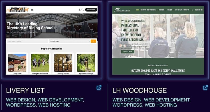 Black Nova Designs portfolio, specifically two equine-based websites