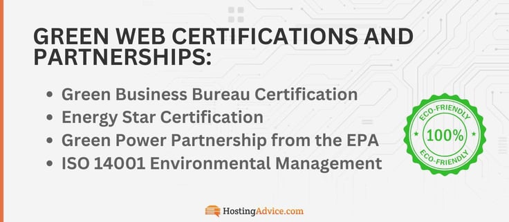 Green web certifications include the Green Business Bureau Certification, Energy Star Certification, Green Power Partnership from the EPA, and ISO 14001 Environmental Management