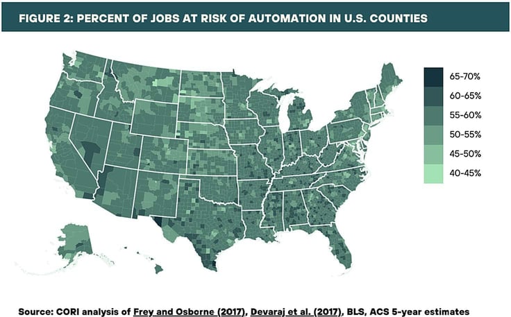 U.S. map graph titled 'Figure 2: Percent of jobs at risk of automation in U.S. counties'