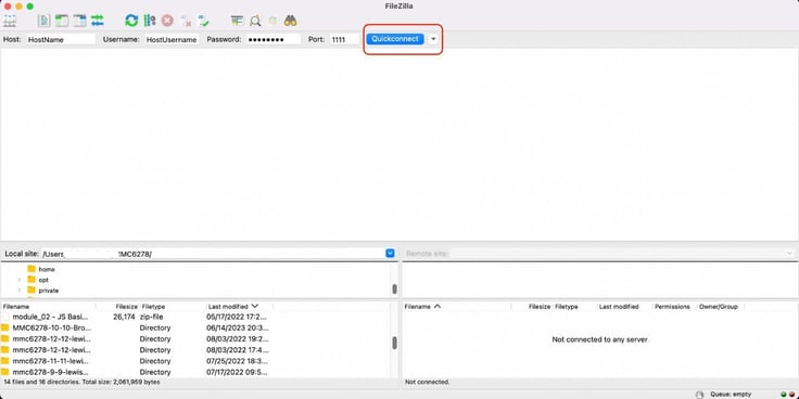 FileZilla interface with Quickconnect button highlighted in red. FileZilla interface with Quickconnect button highlighted in red.