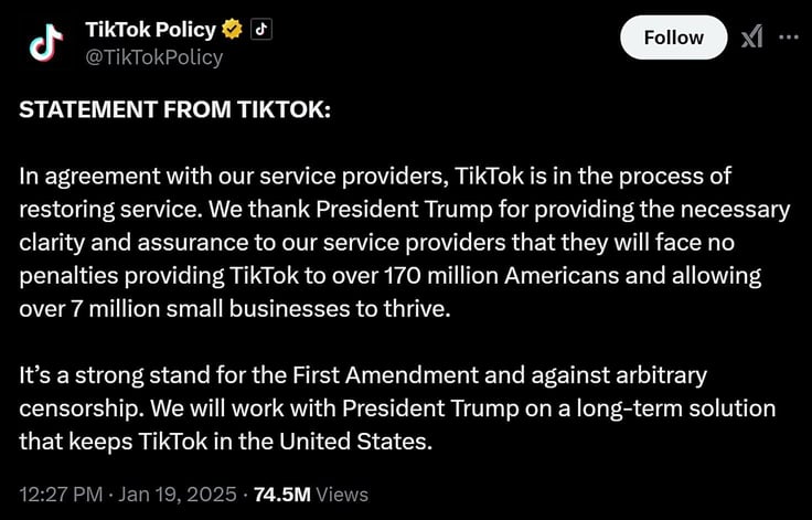 Post on X by TikTok Policy stating that it will restore service on Jan. 19, 2025