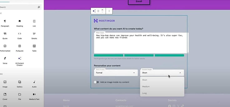 Screenshot of Gutenberg editor with Hostinger's AI Website Builder for WordPress Screenshot of Gutenberg editor with Hostinger's AI Website Builder for WordPress