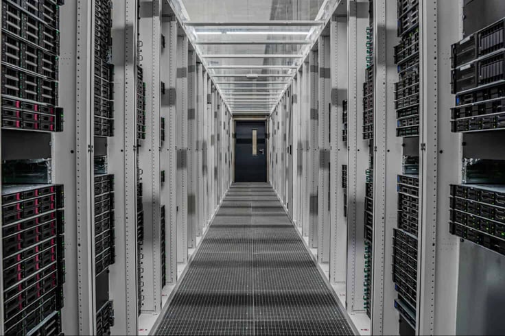 A cooled aisle of servers at the new Geneva location