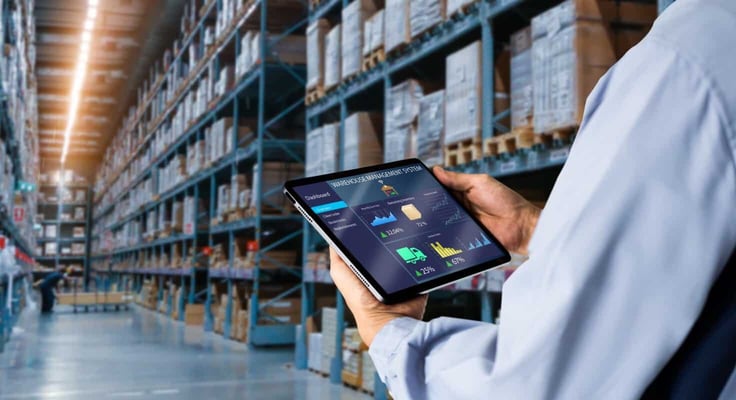 Manager using digital tablet, showing warehouse software management dashboard on blurred warehouse as background Manager using digital tablet, showing warehouse software management dashboard on blurred warehouse as background