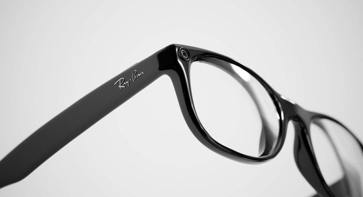 Closeup of the Meta Glasses with Ray -Ban logo and the built-in camera