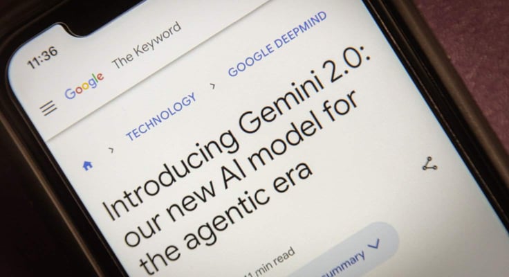 A post 'Introducing Gemini 2.0: our new AI model for the agentic era' is displayed on an iPhone screen.