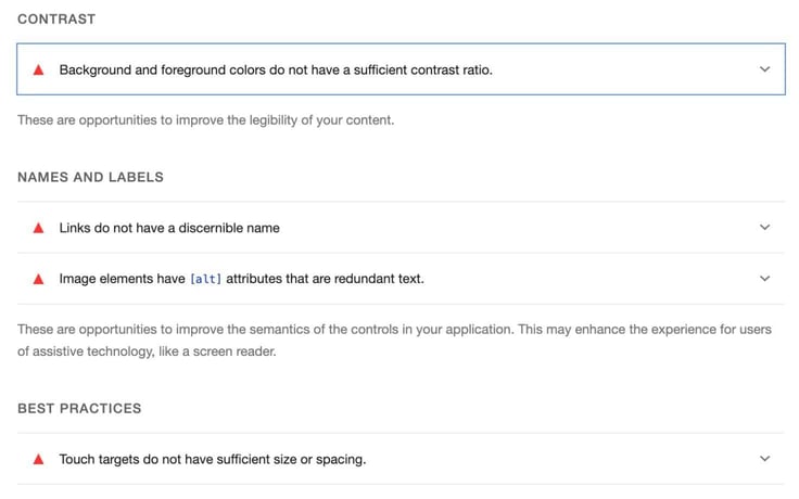 a screenshot of wcag results from Lighthouse audit