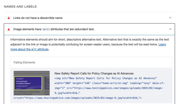 a screenshot of detailed wcag results overview