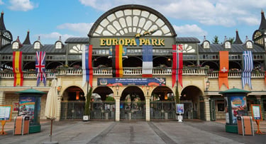 Europa-Park main entrance building of the largest theme park in Germany, without people on a sunny day Europa-Park main entrance building of the largest theme park in Germany, without people on a sunny day
