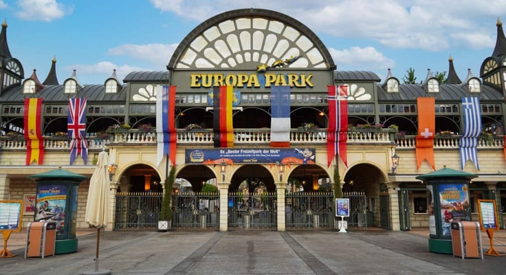 Europa-Park main entrance building of the largest theme park in Germany, without people on a sunny day Europa-Park main entrance building of the largest theme park in Germany, without people on a sunny day