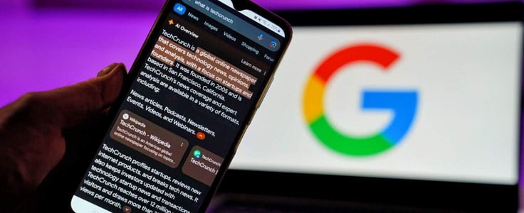 Google generative AI Overview search. Man searching google using laptop