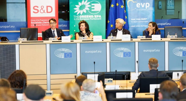 European leaders and business owners attend a presentation at the European Parliament 
