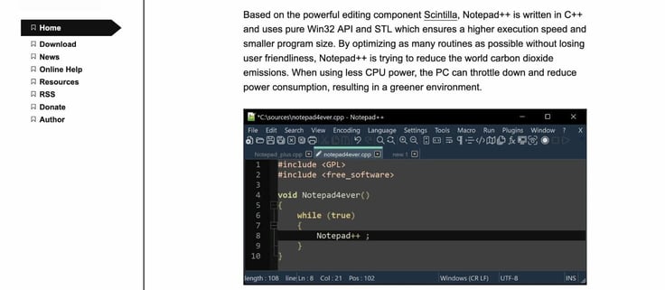 Landing page for Notepad++ Landing page for Notepad++