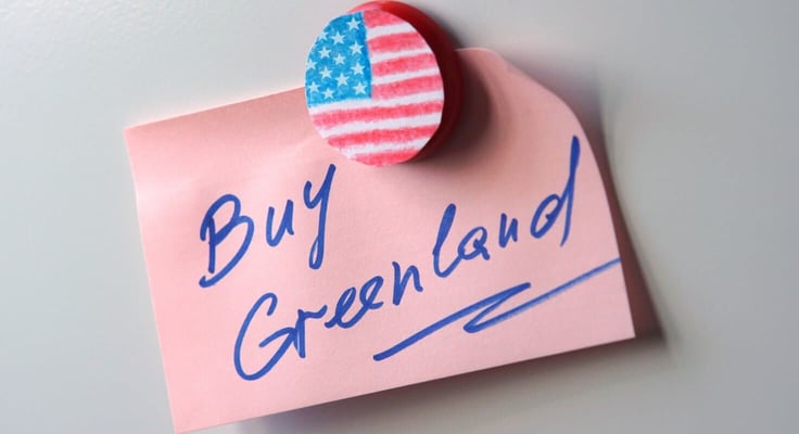 Commemorative note "Buy Greenland", attached to the refrigerator with a US flag magnet Commemorative note "Buy Greenland", attached to the refrigerator with a US flag magnet