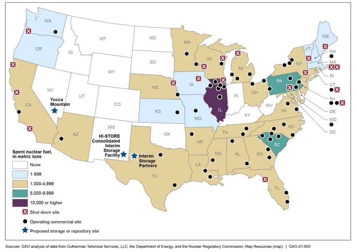 Map of the current locations across the United States where nuclear waste is stored