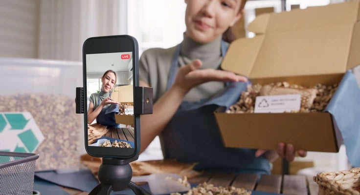 Woman recording video online, happy side hustle Woman recording video online, happy side hustle