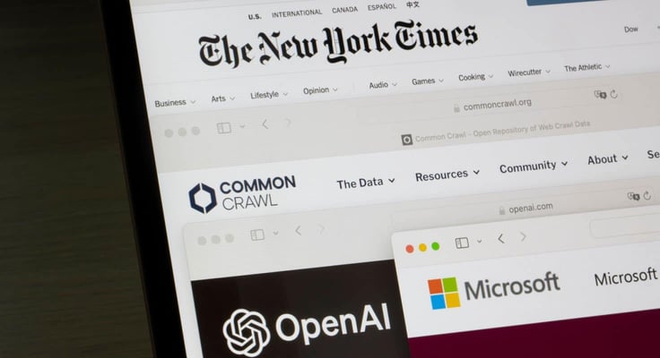 Webpages of the New York Times, Common Crawl, OpenAI, and Microsoft are seen on a computer. 