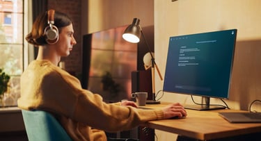 Young Man Works on Computer With an AI Chatbot Interface, Displaying Generated Text Young Man Works on Computer With an AI Chatbot Interface, Displaying Generated Text
