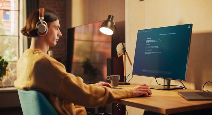 Young Man Works on Computer With an AI Chatbot Interface, Displaying Generated Text Young Man Works on Computer With an AI Chatbot Interface, Displaying Generated Text