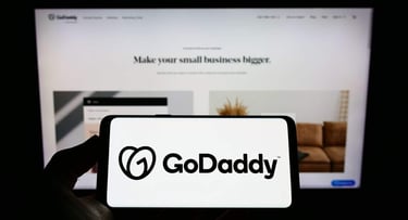 Person holding smartphone with logo of US web hosting company GoDaddy Inc. on screen in front of website. Focus on phone display Person holding smartphone with logo of US web hosting company GoDaddy Inc. on screen in front of website. Focus on phone display