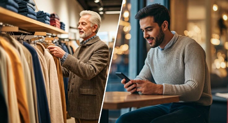 Side-by-side of older person in physical store vs. young person shopping on smartphone Side-by-side of older person in physical store vs. young person shopping on smartphone