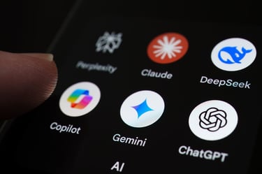Finger interacting with a smartphone screen displaying AI apps including Perplexity, Claude, DeepSeek, Copilot, Gemini, and ChatGPT inside a folder labeled AI Finger interacting with a smartphone screen displaying AI apps including Perplexity, Claude, DeepSeek, Copilot, Gemini, and ChatGPT inside a folder labeled AI
