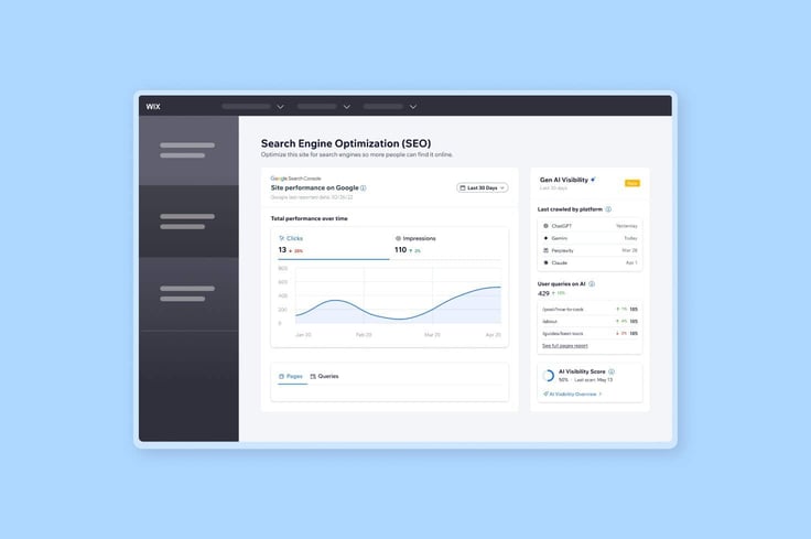 Wix screenshot of SEO/GEO dashboard Wix screenshot of SEO/GEO dashboard