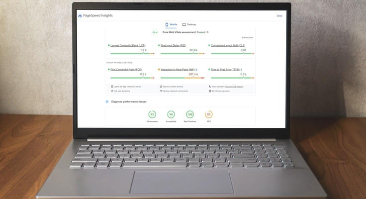 Google PageSpeed Insights on laptop screen with Core Web Vitals. Testing page speed for SEO. Google PageSpeed Insights on laptop screen with Core Web Vitals. Testing page speed for SEO.