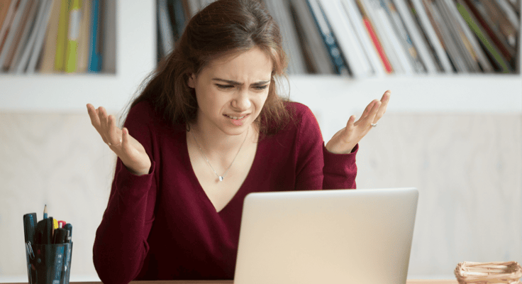 Frustrated annoyed woman confused by computer problem, annoyed businesswoman feels indignant about laptop crash, bad news online or disgusting video on web, stressed student looking at broken pc Frustrated annoyed woman confused by computer problem, annoyed businesswoman feels indignant about laptop crash, bad news online or disgusting video on web, stressed student looking at broken pc