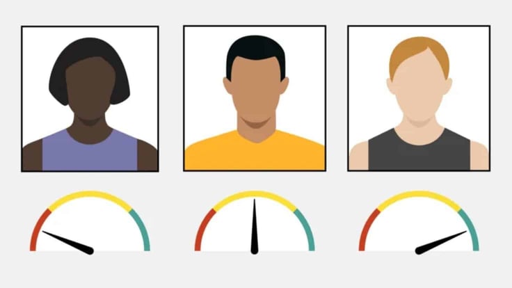 Vector image of three people in different skin tones with varying gauges Vector image of three people in different skin tones with varying gauges