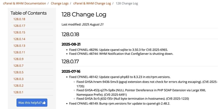 cPanel's August 21 changelog shows the SQLite update that patched CVE-2025-6965. Source: cPanel