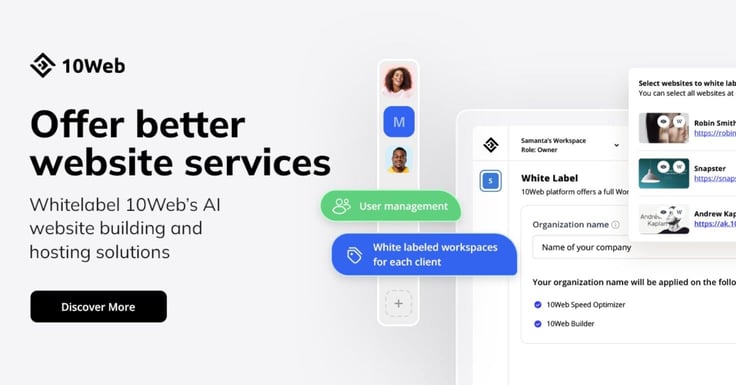 Screenshot of 10Web's white label services page Screenshot of 10Web's white label services page
