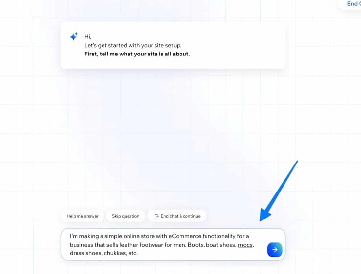 A screenshot of Wix's AI chatbot asking for a website description.