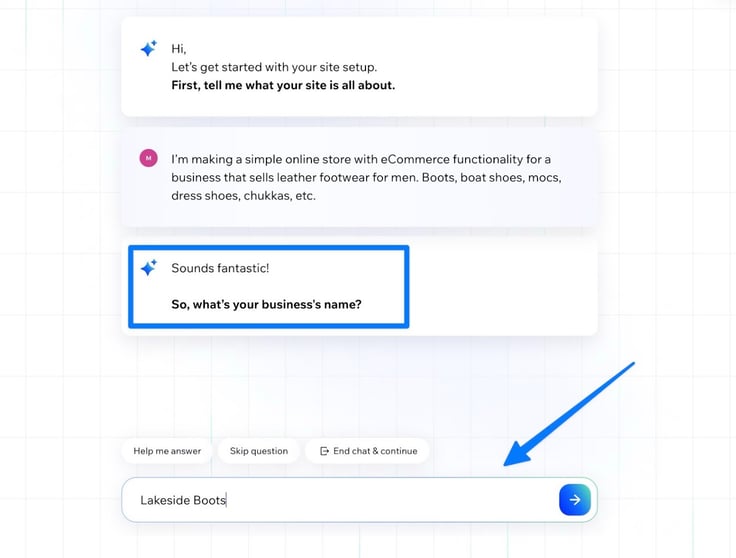 A screenshot of the Wix AI chatbot asking for my business's name